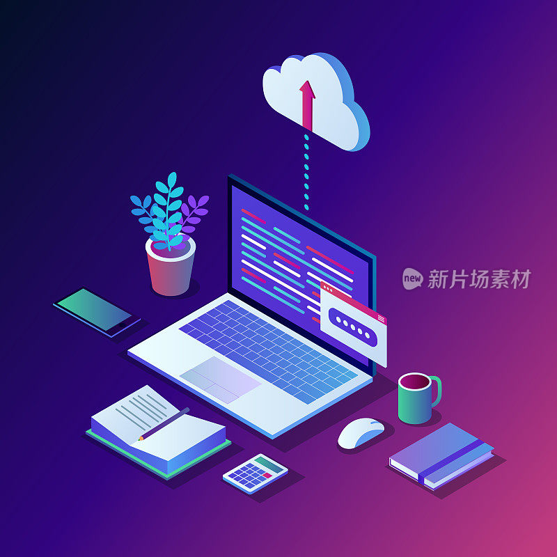 Cloud storage technology. Data backup. 3d isometric laptop, computer, pc with mobile phone isolated on background. Hosting service for website. Vector design for banner